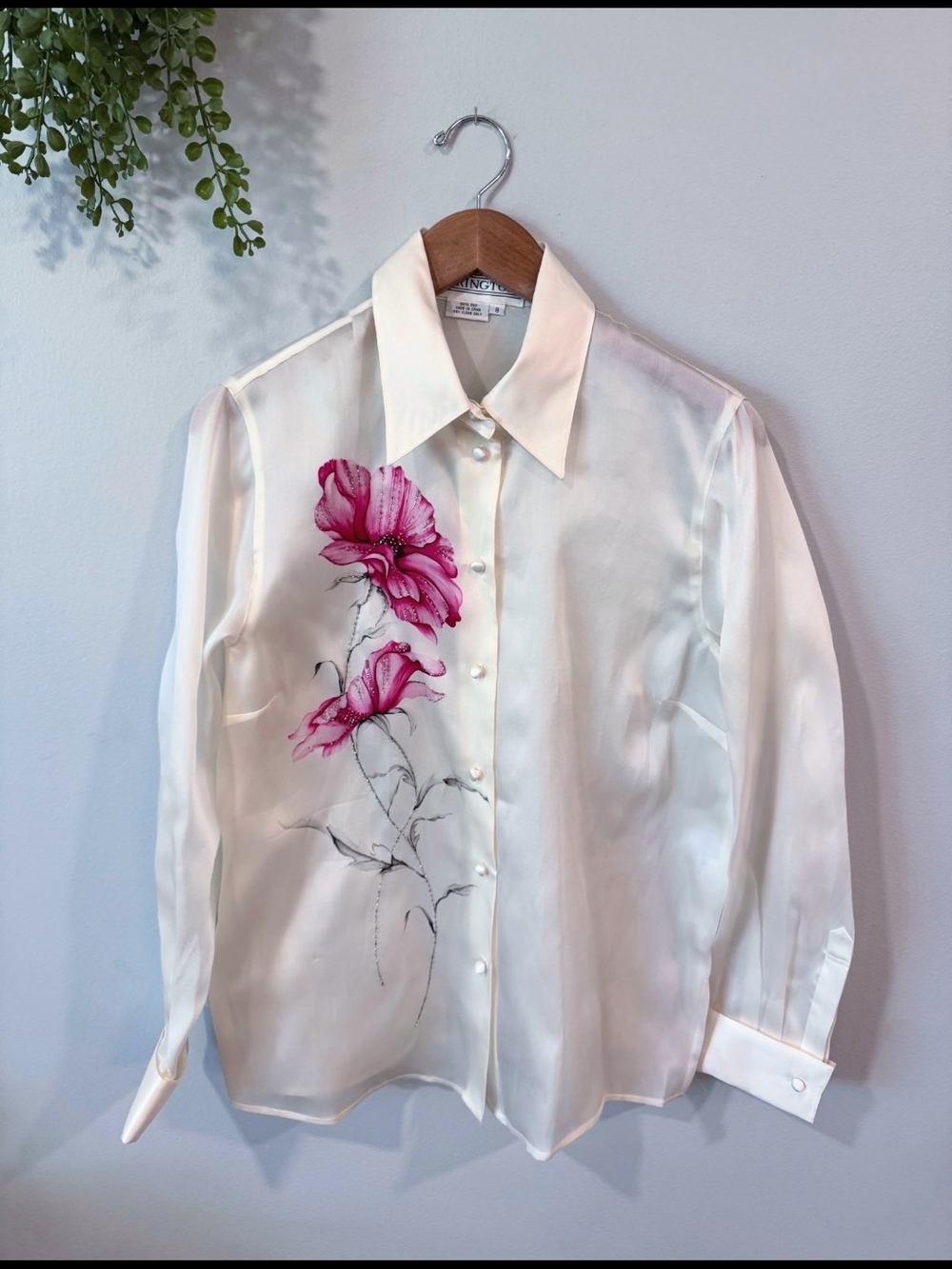 Starington Silk Ivory Blouse with Pink Flowers Size 8